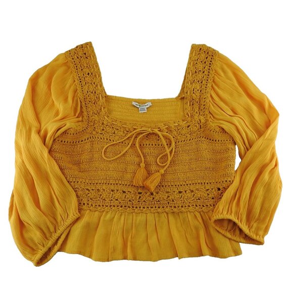 American Eagle Mustard Crochet Peasant Blouse Boho Festival Top Size Medium - Picture 2 of 9